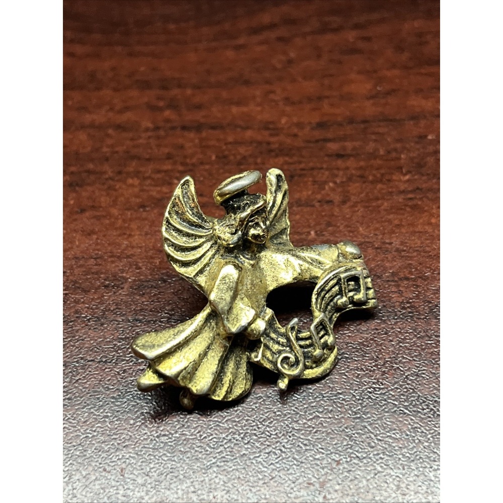 Vintage Gold Tone Celestial Music Angel Halo Wings Lapel Hat Pin